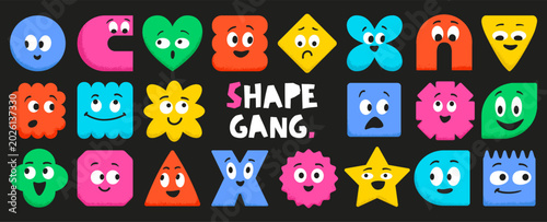Cute geometric shapes with expressive faces and emotions. Colorful abstract figures featuring smiles, eyes, and playful characters for modern design projects