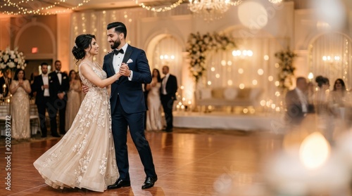 Elegant wedding couple dancing romantically at their reception party