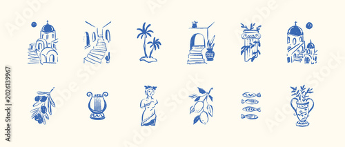 Bilde på lerret Summer Mediterranean crayon boho icon set