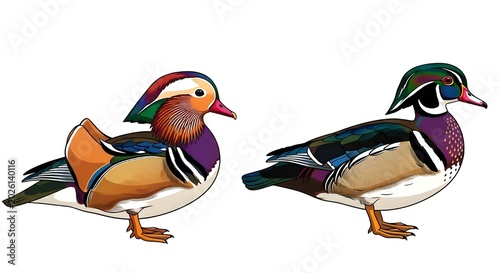 Pair of Colorful Wood Ducks Facing Each Other in Flat Design Illustration