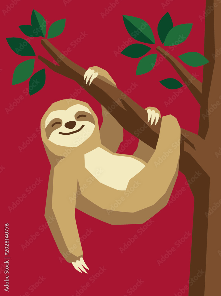 Fototapeta premium A smiling sloth hangs from a tree branch with green leaves.