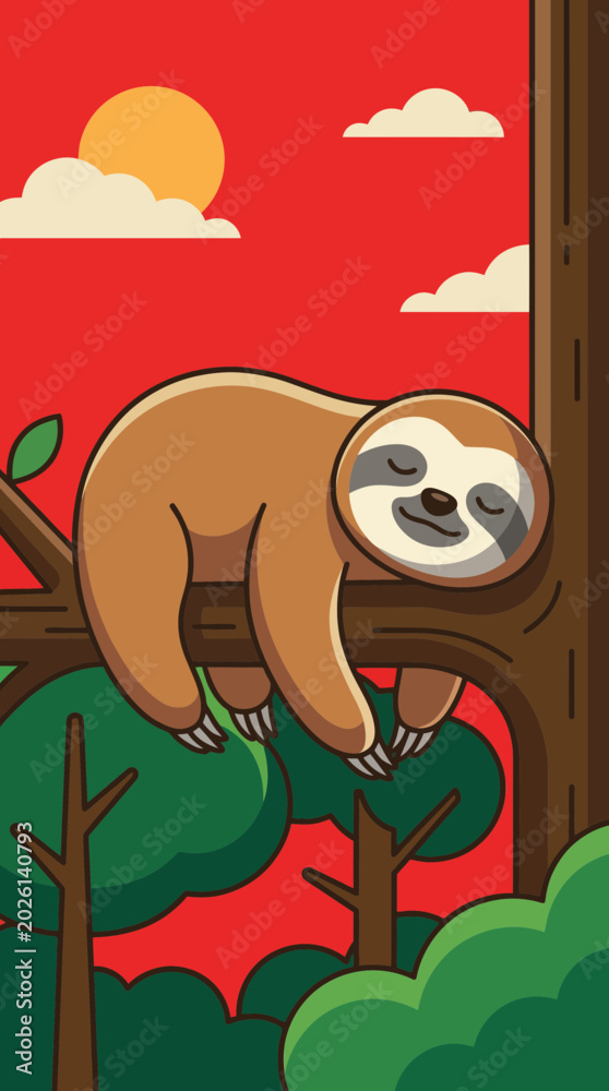 Fototapeta premium Cartoon sloth rests on a tree branch against a red sky.