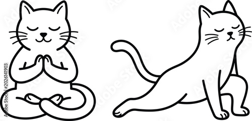 Billede på lærred Line art illustration of a meditative cat and a relaxed sitting cat, minimalisti