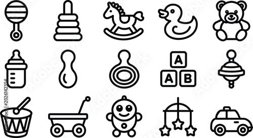 Bild auf Leinwand Baby Toys and Nursery Elements Outline Vector Icon Set with Teddy Bear Rubber Du