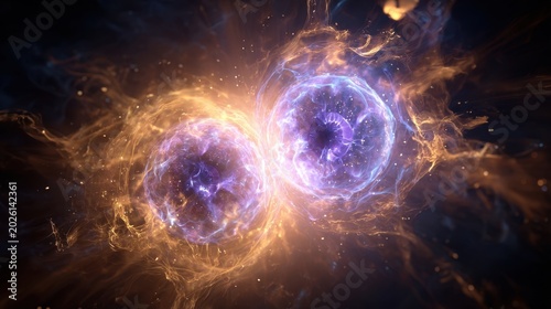 Cosmic collision of two nebulas in outer space, glowing with purple and golden light, creating a spectacular celestial event.
