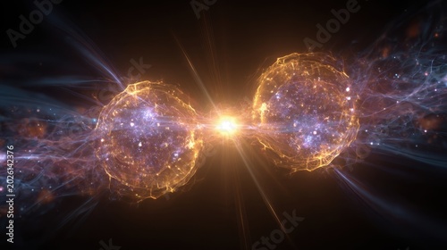 Two glowing orbs collide with energetic particles emanating from the impact, suggesting a scientific or cosmic phenomenon. The spheres are a vibrant orange.