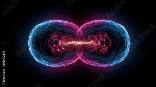 An abstract visual of two luminous, intertwined cells or spheres, glowing with pink and blue light, representing a scientific or biological concept. The inner core glows with red energy.