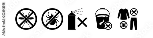 Schilderij op canvas Set of black and white insect prevention icons featuring mosquito and tick control, repellent spray, standing water removal, and protective clothing to prevent bites and diseases