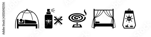 Tableau sur toile Set of minimalist black icons representing mosquito protection: bed nets, repellent spray, mosquito coil, canopy, and UV insect trap