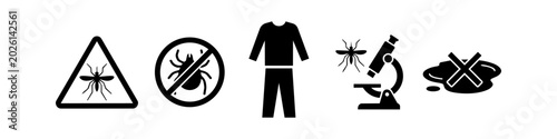 Fotografie Vector set of icons for mosquito and tick prevention, featuring warning signs, protective clothing, scientific research, and standing water elimination for public health awareness