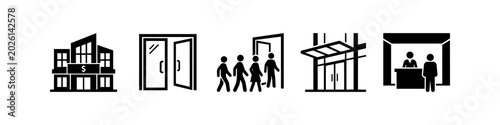 Tableau sur toile Set of minimalist black and white icons representing building architecture, bank entrance, people entering a doorway, and a business reception desk with a visitor