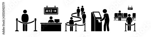 Obraz na płótnie Comprehensive set of airport service pictograms including queuing lines, check-in desk, self-service ticket kiosk, and passenger waiting area icons