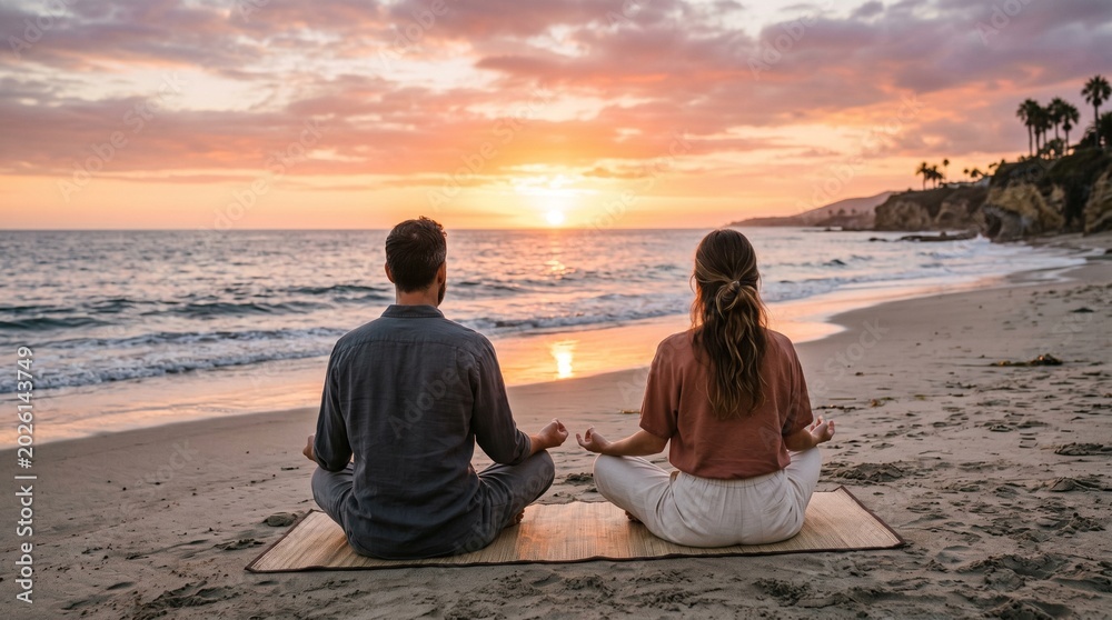 Fototapeta premium Couple meditating on the beach at sunset with peaceful ocean view and palm trees in the distance on a serene sandy shore