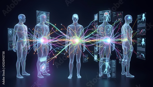 conceptual design of digital nodes linking human silhouettes with AI systems, translucent human forms, vibrant synaptic-like networks