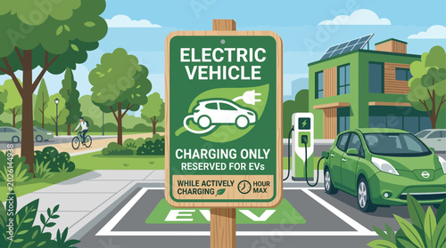 Bild auf Leinwand Electric vehicle charging station in a green, sustainable urban environment with