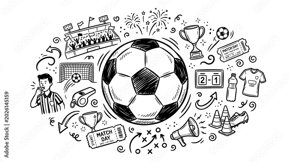 Obraz premium Black and white soccer ball surrounded by hand drawn doodles of soccer elements like goals trophy jerseys and players celebrating the passion for football in a playful energetic illustration style
