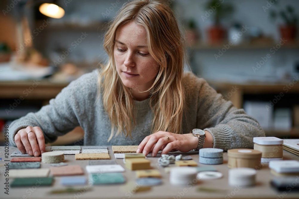 Fototapeta premium Circular design strategist organizing biodegradable material samples and reusable packaging