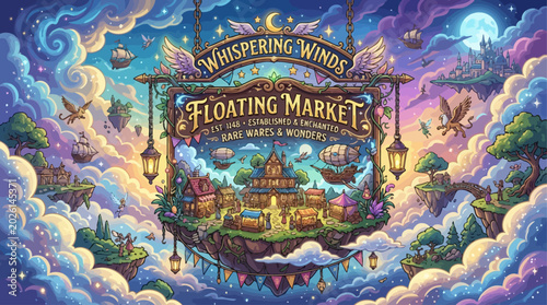 Foto Enchanting Aerial Marketplace A Whimsical Fantasy World of Floating Islands, Sta