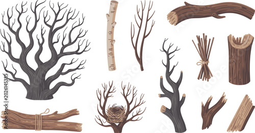 Cuadro en lienzo Vector illustration set of bare dry trees, dead wood logs, branches, firewood bundles, twigs, and a bird nest for autumn, winter, or forest nature design concepts