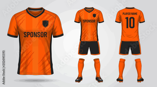 Bild auf Leinwand Orange soccer uniform set with black accents and sponsor logo complete with jers