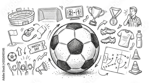 Fotografia Hand drawn soccer icons set featuring a large central ball surrounded by stadium