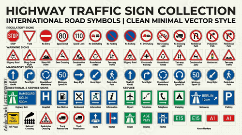Fotografia Highway Traffic Sign Collection International Road Symbols in a Clean Minimal Ve