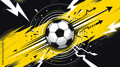 Tableau sur toile Soccer ball speeding through dynamic yellow and black motion lines and lightning