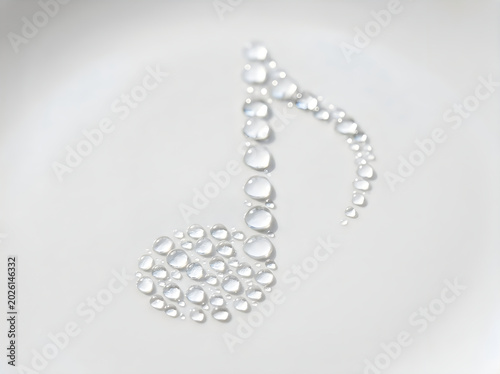 Elegant musical quarter note symbol meticulously formed from numerous shimmering water droplets on a subtle gradient white background, illustrating a serene acoustic