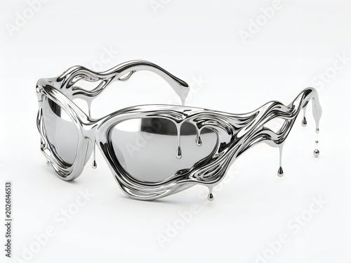Surreal liquid metal sunglasses with ornate melting frame and reflective lenses sunglasses accessory reflective sculpture metallic polished abstract creative