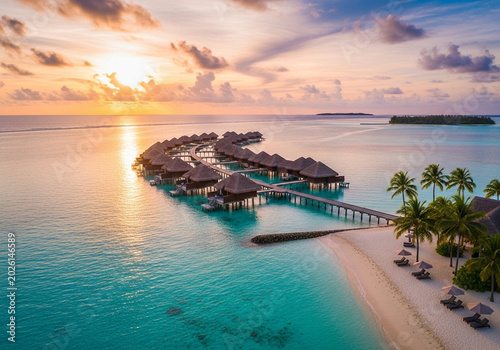 Luxury tropical island resort with overwater bungalows at sunset