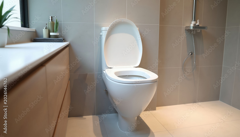 Fototapeta premium Clean modern white toilet with open lid in bright bathroom. Includes vanity sink, shower head, tiled walls and floor. Minimalist home interior design.
