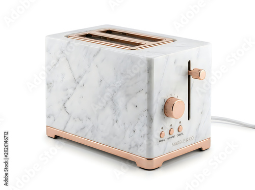 Modern two slice bread toaster with white marble pattern and rose gold metal finish appliance metallic breakfast interior lifestyle equipment electric