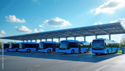 Blue electric buses line up at a modern charging depot under a bright sunny sky with clouds. A fleet of public transport vehicles prepares for daily routes on clean energy.