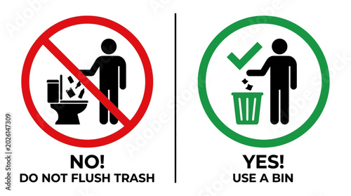 Cuadro en lienzo A person properly disposes trash in a bin with a sign instructing not to flush waste down the toilet