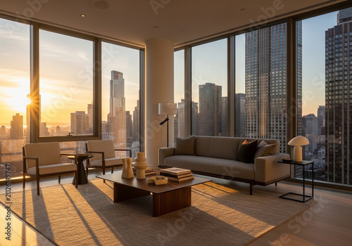 Modern living room with city skyline view at sunset in highrise building