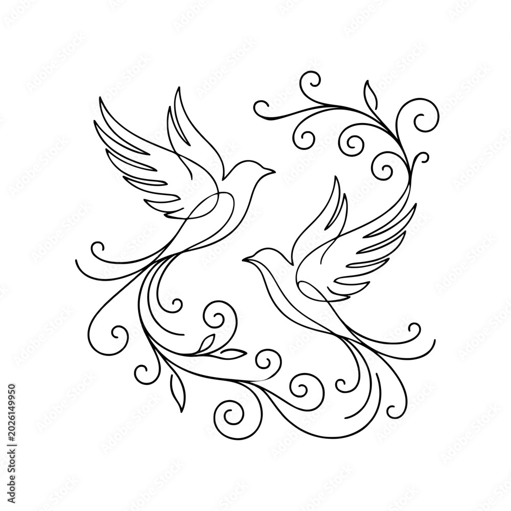 Fototapeta premium Vector illustration of decorative flying birds with ornamental swirls, symbolizing freedom, harmony and natural elegance, isolated on a transparent background