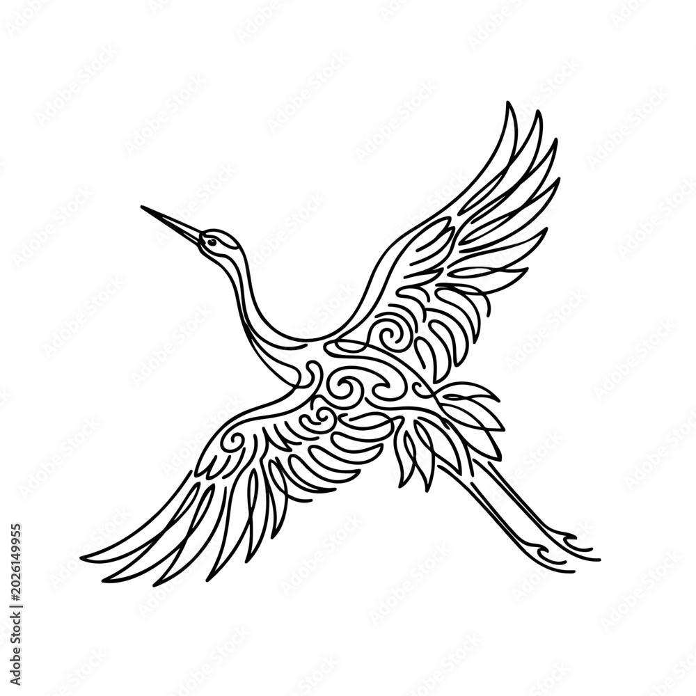 Naklejka premium Vector illustration of an elegant flying crane bird with detailed feathers, symbolizing freedom, grace and spiritual harmony, isolated on a transparent background