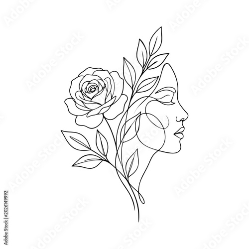 Vector illustration of an elegant woman portrait with rose flowers, symbolizing beauty, femininity and natural harmony, isolated on a transparent background