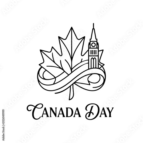 Vector illustration of a Canada Day maple leaf emblem with national landmarks, symbolizing Canadian pride, celebration and national heritage, isolated on a transparent background