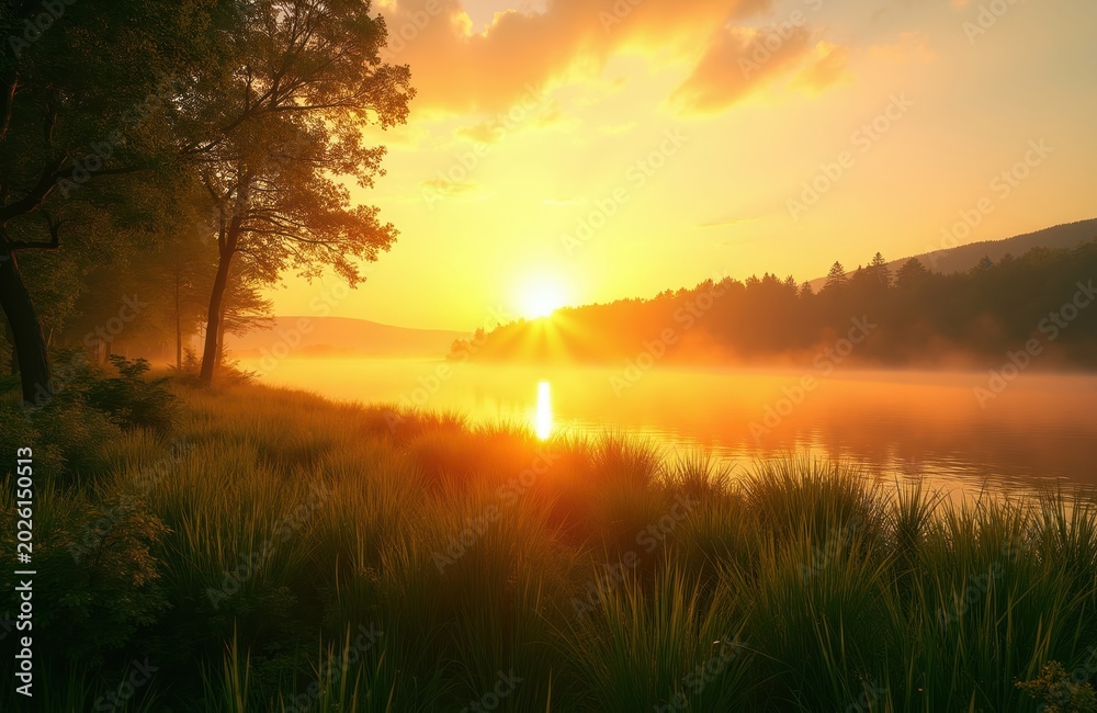Fototapeta premium Golden sunrise glows over misty river reflecting sun rays. Trees line grassy shore creating peaceful morning landscape. Peaceful water scene.