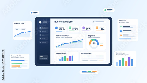 Business Analytics Dashboard SaaS Interface Illustration. Light SaaS analytics illustration showing business dashboard on tablet with KPI cards, performance graph, segment donut chart. Vector App
