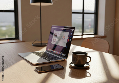 Laptop computer on a desk with a cup of coffee and a smartphone nearby indoors