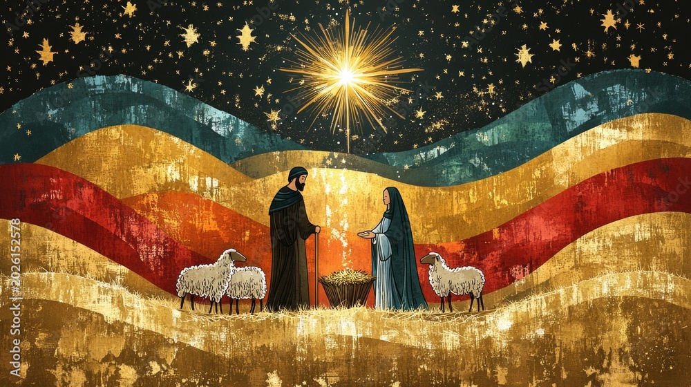 Fototapeta premium Man and woman in nativity scene under Christmas star. Religious illustration of birth of Jesus Christ. Spiritual worship art concept for holiday.