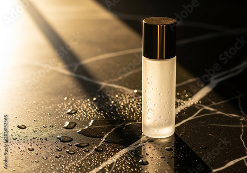 A clear cylindrical bottle with a black cap on a marble surface with water drops