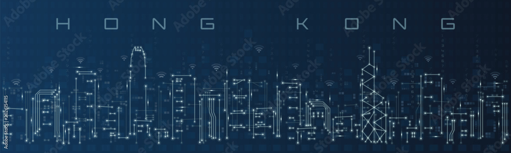 Naklejka premium Hong Kong Smart City Skyline Vector in Circuit Board Style Futuristic Technology Background