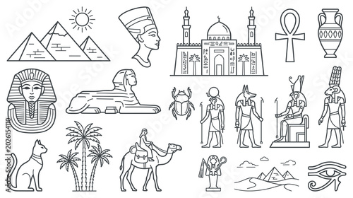 Quadro su tela Ancient egyptian culture and historical landmarks line art icon pack collection