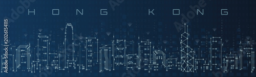 Hong Kong Smart City Skyline Vector in Circuit Board Style Futuristic Technology Background