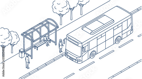 Tableau sur toile Public bus transport stop isometric station city urban roadside.