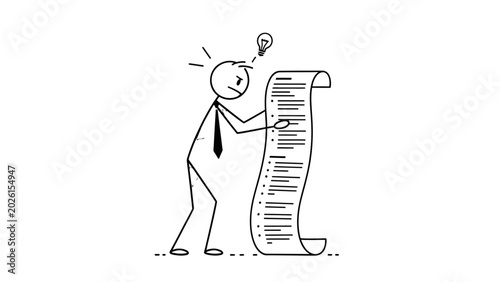 Foto Stick figure man getting a brilliant idea or solution while reading a long document or to-do list, lightbulb moment above his head, isolated white background