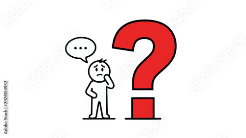 Schilderij op canvas Concerned stick figure man with speech bubble standing next to a large red question mark, symbolizing a significant problem or query, isolated white background